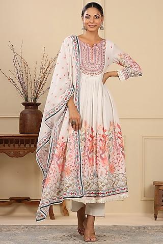 ivory mul cotton embroidered & printed anarkali set