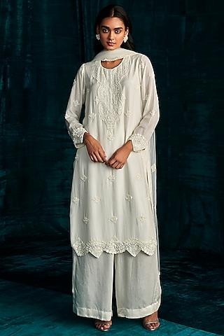 ivory mul silk cutdana embroidered kurta set