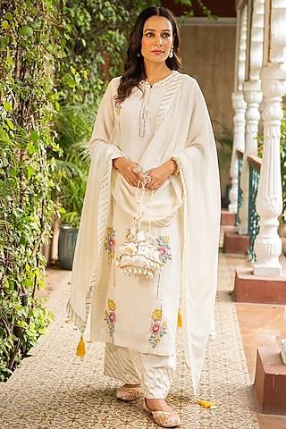 ivory mulmul & rayon embroidered kurta set