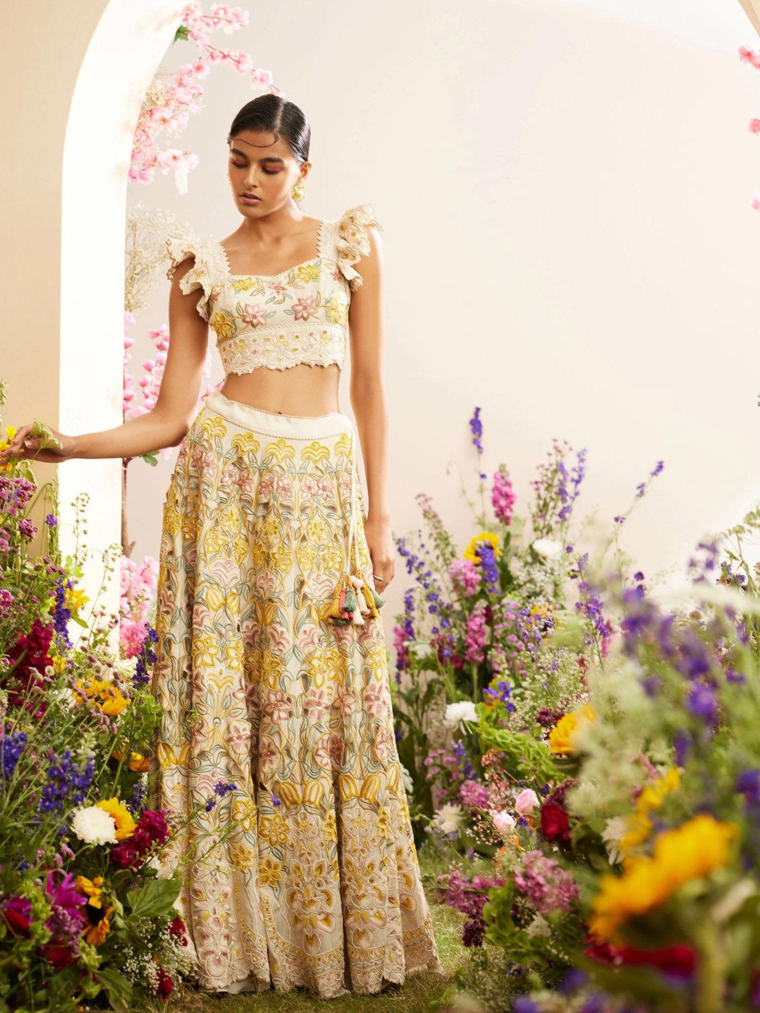 ivory multi pastel cutwork lehenga