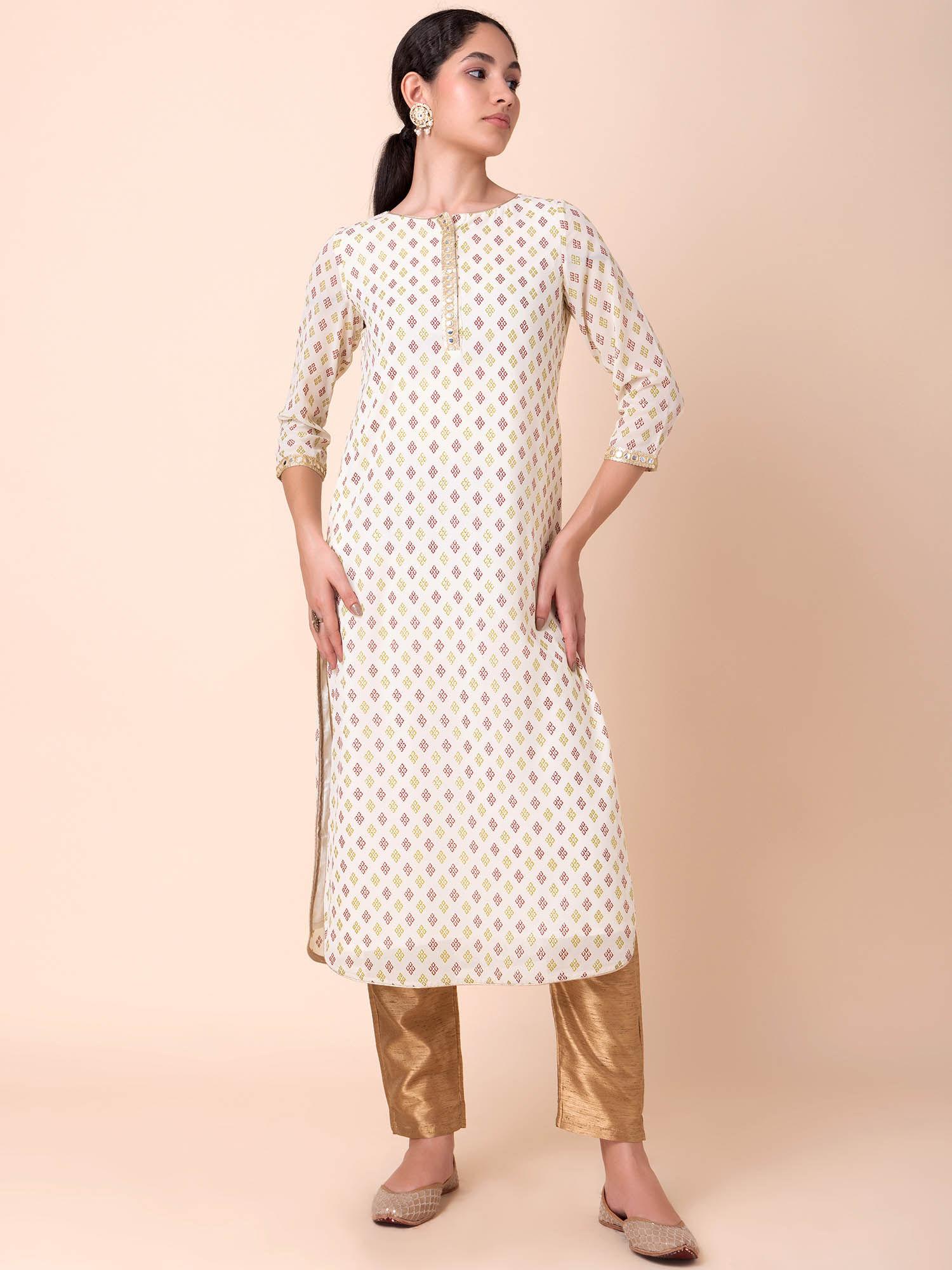 ivory multicolor foil print straight kurta