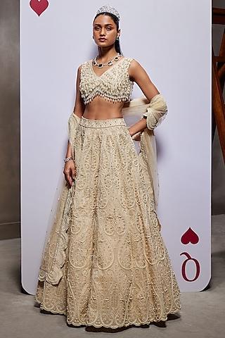 ivory muslin silk & tulle mesh embellished lehenga set