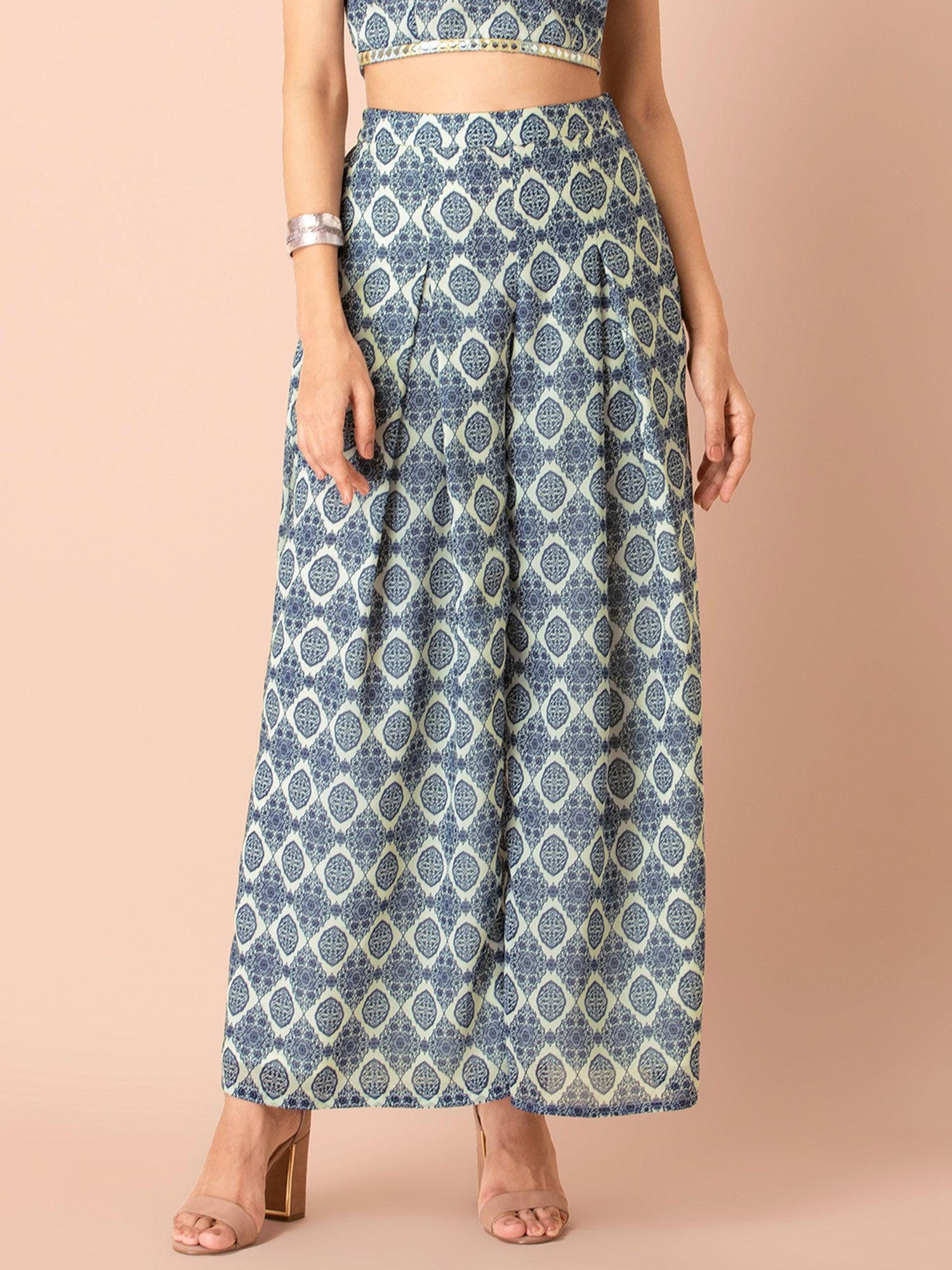 ivory navy baroque flared palazzo pants