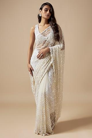 ivory net cutdana embroidered saree set