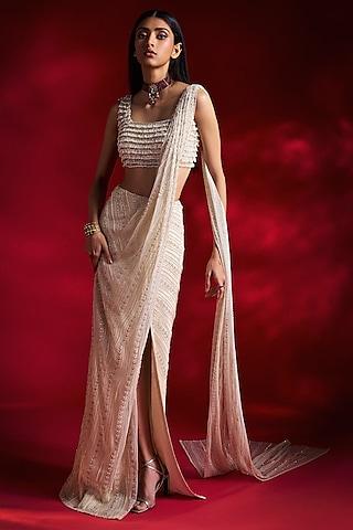 ivory net embellished pre-draped saree set