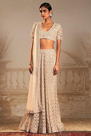 ivory net embroidered skirt saree set