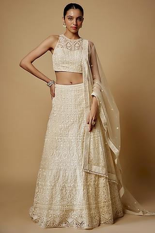 ivory net hand embroidered lehenga set