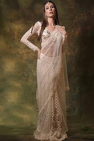 ivory net lucknowi thread work pre-stitched skirt saree set