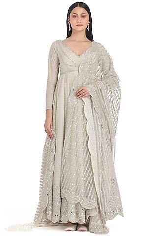 ivory net lurex & mirror embroidered anarkali set