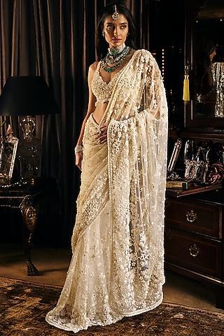 ivory net three dimensional embroidered saree set