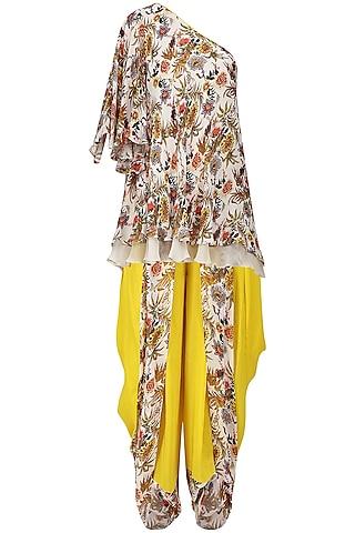 ivory one shoulder hand painted short tunic with panelled dhoti pants