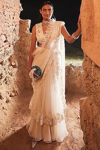 ivory organza & chiffon embroidered draped saree set