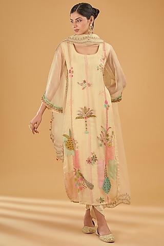 ivory organza & modal satin hand embroidered kurta set