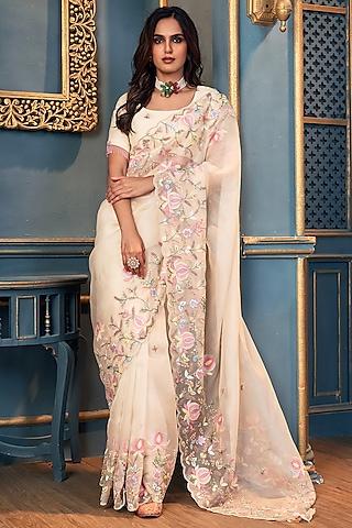 ivory organza embroidered saree set