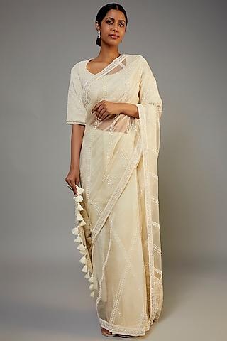 ivory organza hand embroidered saree set