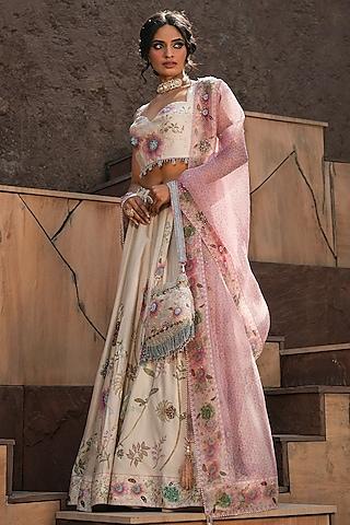 ivory organza pearl & glass beads embroidered lehenga set