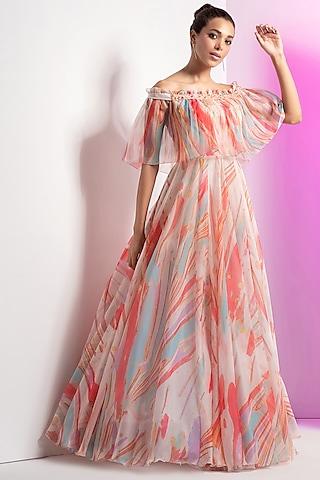 ivory organza printed off-shoulder cape gown