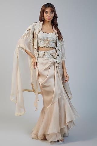 ivory organza sequins embroidered butterfly cape set