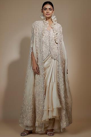 ivory organza thread & pearl work cape set