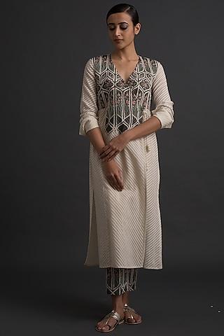 ivory panelled tunic with cutwork embroidery