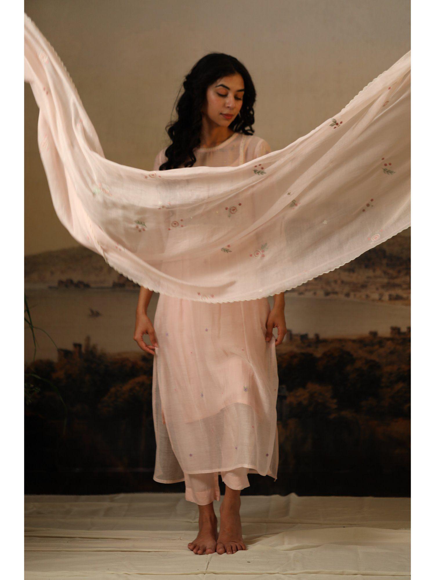 ivory pink miniature emb. dupatta