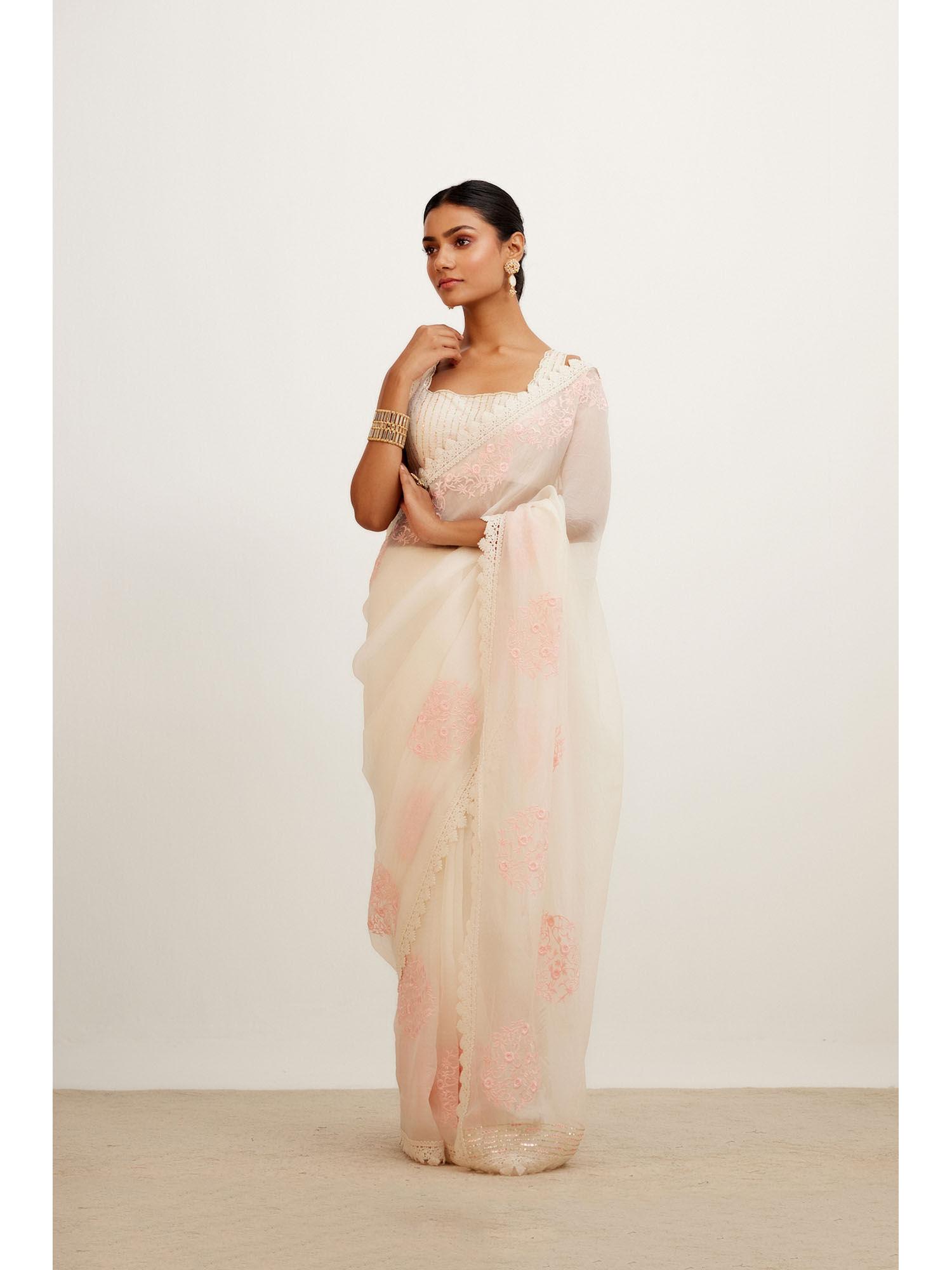 ivory pink silk organza saree with stitched blouse (set of 2)