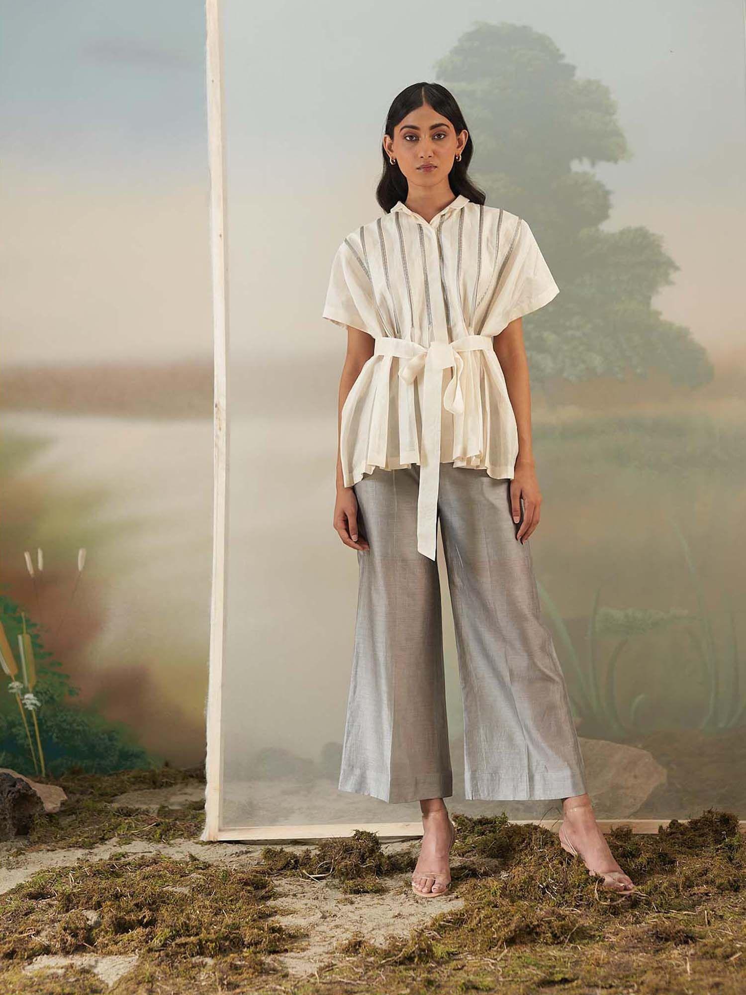 ivory pleated shirt with pant & belt (set of 3)