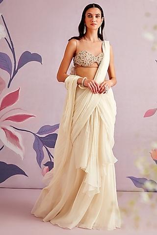 ivory pre-draped embroidered saree