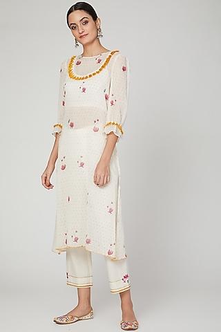 ivory printed & embroidered kurta set for girls