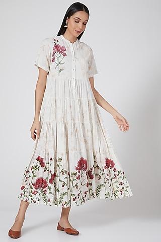 ivory printed & embroidered tiered dress