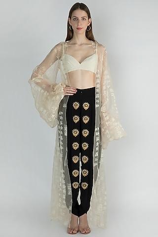 ivory printed cape with embellished dhoti pant & bustier