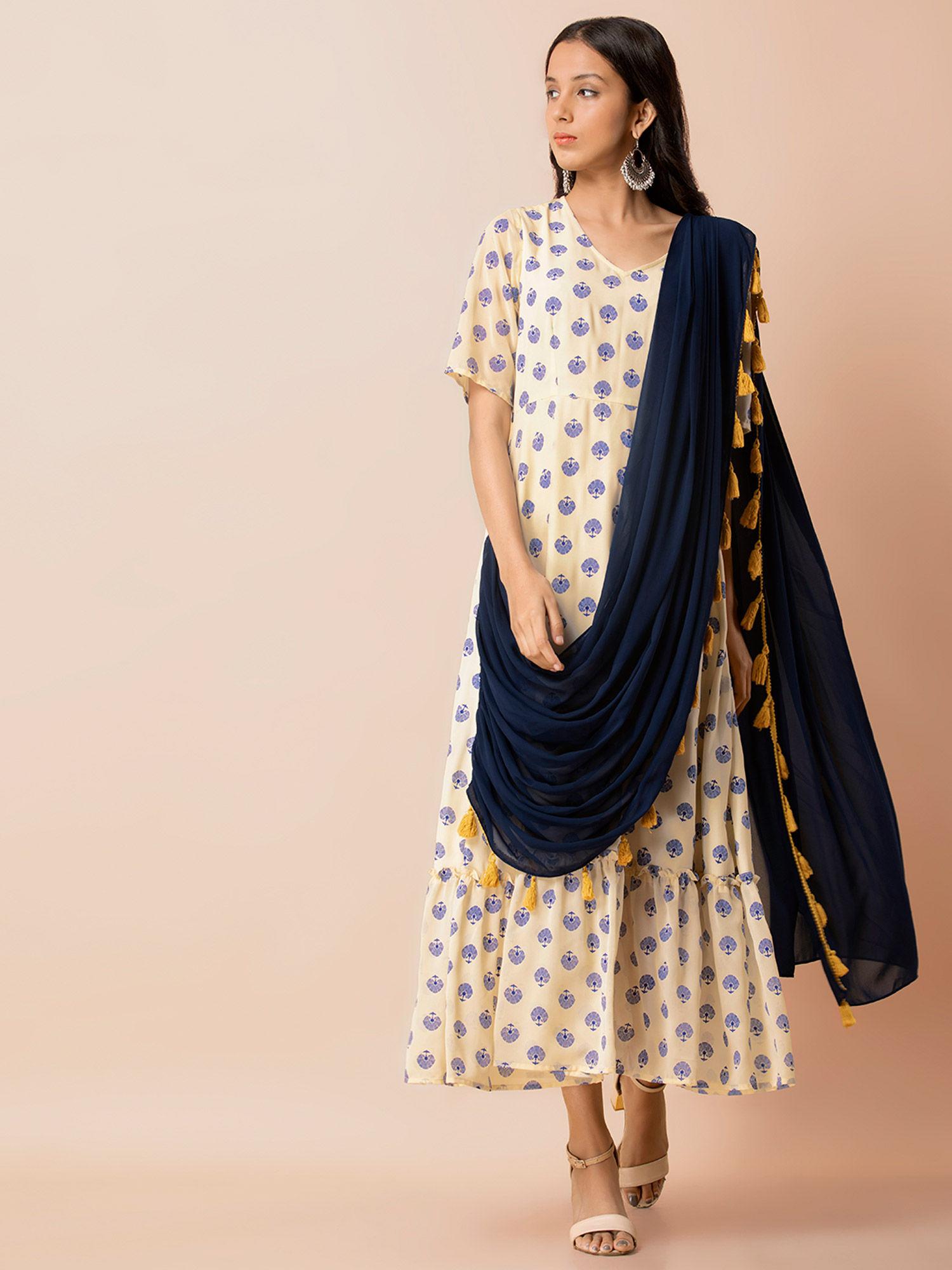 ivory printed maxi tunic with attached dupatta