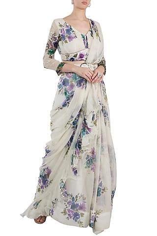 ivory printed pre-stitched saree set with belt