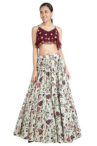 ivory printed skirt with wine embroidered blouse