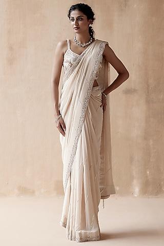ivory pure georgette embellished saree set