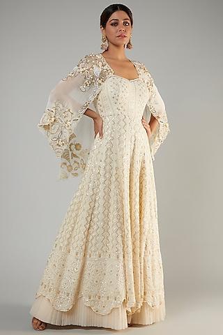 ivory pure georgette lucknowi gown with cape