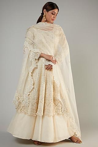 ivory pure georgette lucknowi gown with dupatta