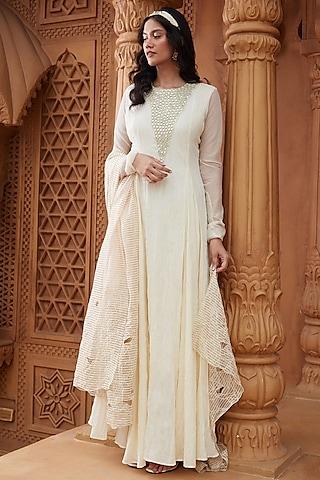 ivory pure silk chanderi & cotton mul mul mirror embroidered dress with dupatta