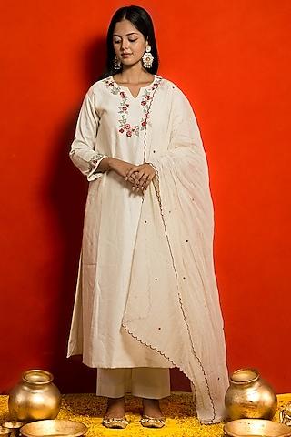 ivory pure silk chanderi thread embroidered kurta set