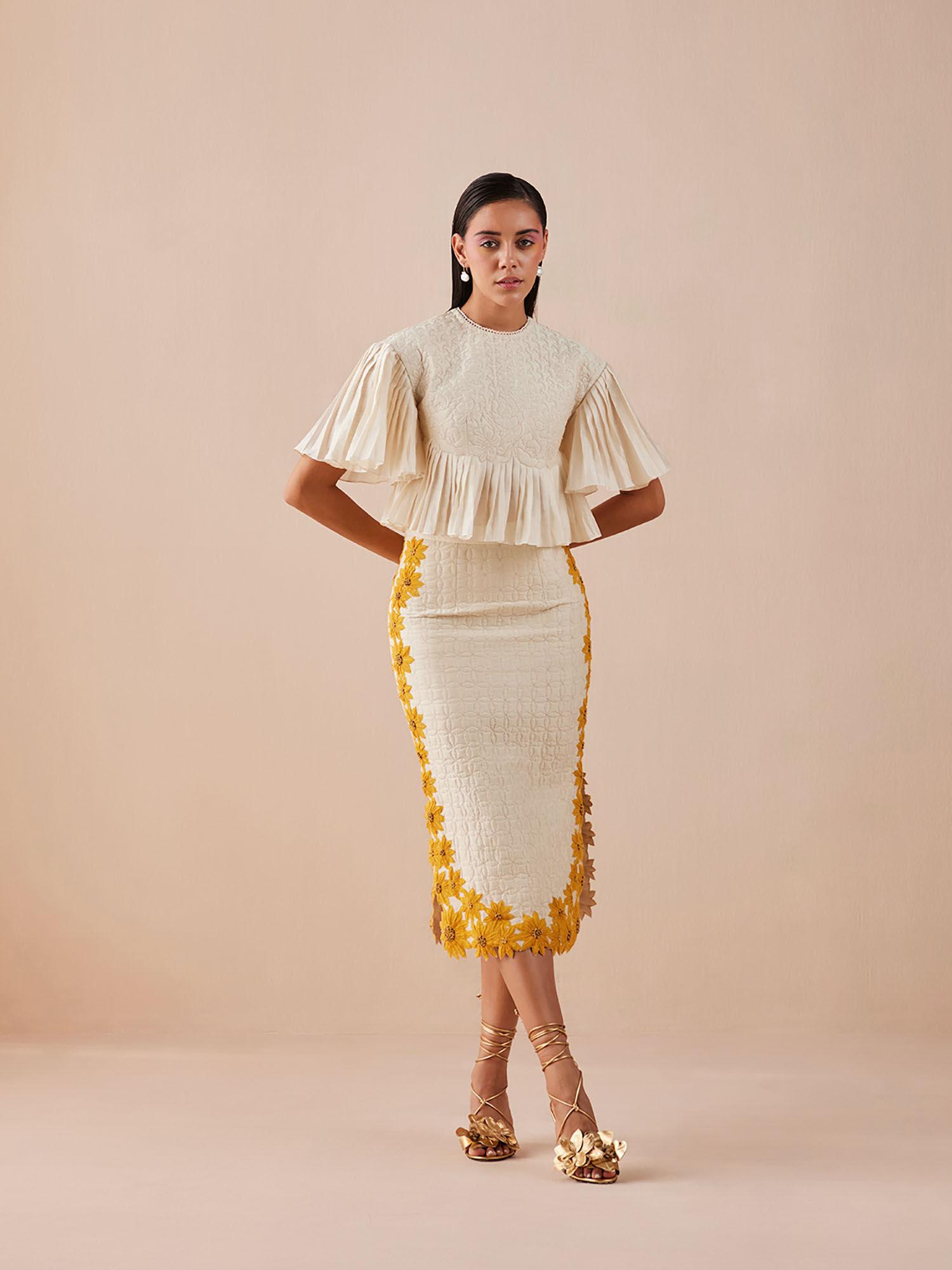 ivory quilted sunflower midi skirt