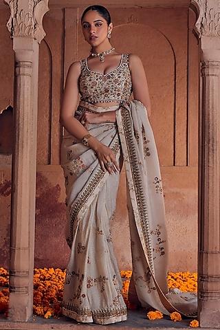 ivory raw silk & bandhani tissue dori work saree set