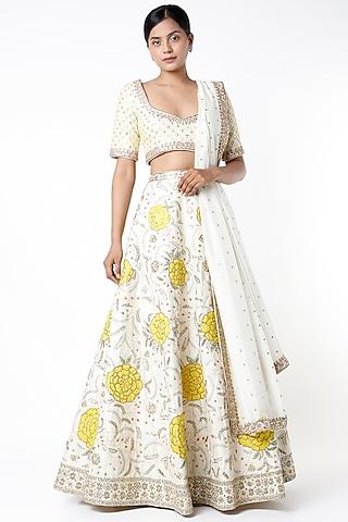 ivory raw silk embroidered lehenga set