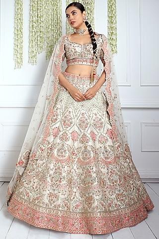 ivory raw silk embroidered lehenga set