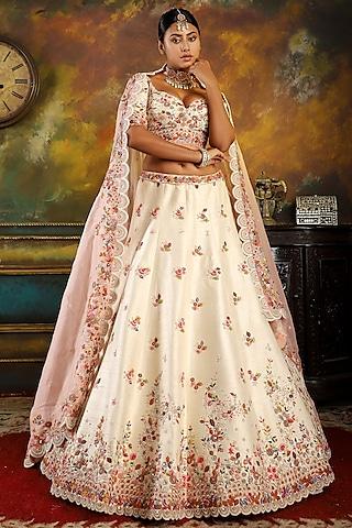 ivory raw silk embroidered lehenga set