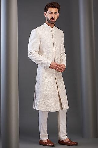 ivory raw silk embroidered sherwani