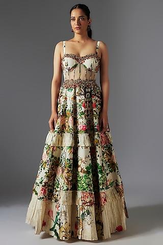 ivory raw silk patchwork & botanical printed gown