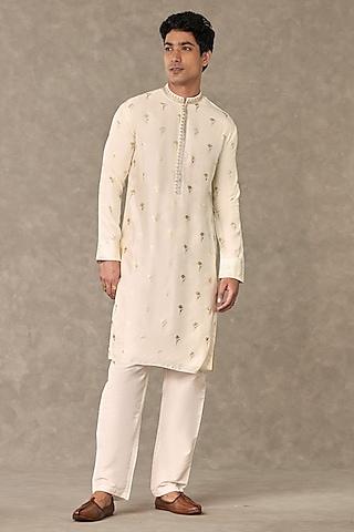 ivory raw silk printed kurta set