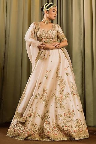 ivory raw silk resham work lehenga set