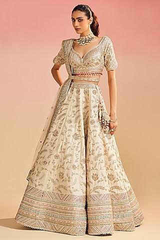 ivory raw silk thread embroidered lehenga set