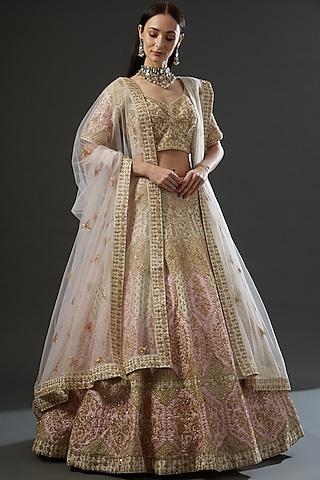 ivory raw silk thread embroidered lehenga set